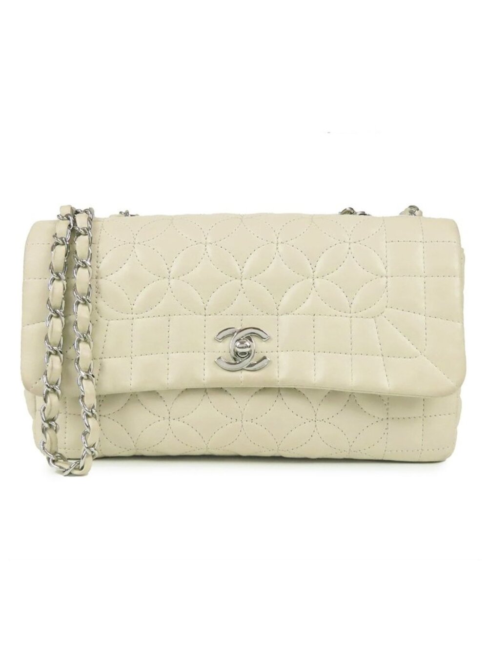 Chanel Chain Shoulder Bag Ivory Silver Lambskin
